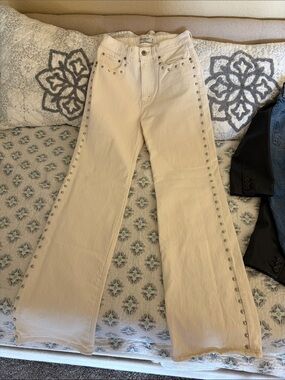 Abercrombie & Fitch Cream Wide-Leg Jeans with Stud Trim